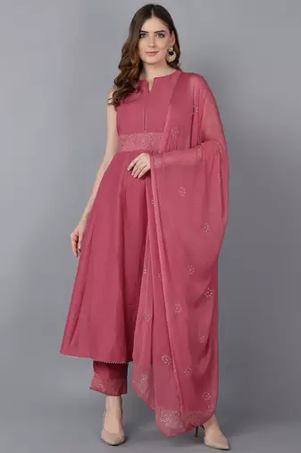 Women pink printed poly silk stiched anarkali kurta trousers suit set