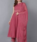 Women pink printed poly silk stiched anarkali kurta trousers suit set
