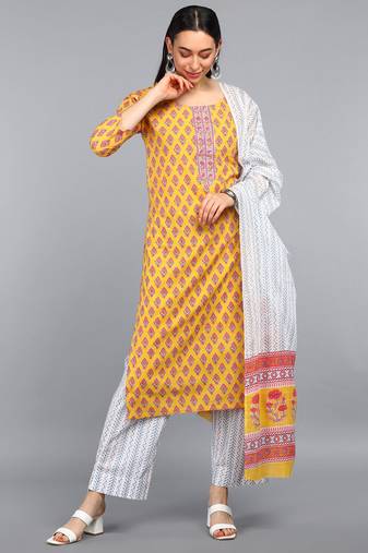 Women yellow printed polyester stiched straight kurta trousers suit set