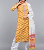 Women yellow printed polyester stiched straight kurta trousers suit set