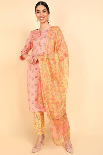 Women pink printed polyester stiched straight kurta trousers suit set