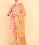 Women pink printed polyester stiched straight kurta trousers suit set
