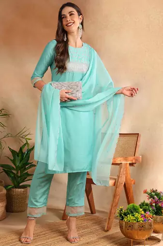 women sea green poly silk solid embroidered straight kurta trouser with dupatta