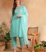 women sea green poly silk solid embroidered straight kurta trouser with dupatta