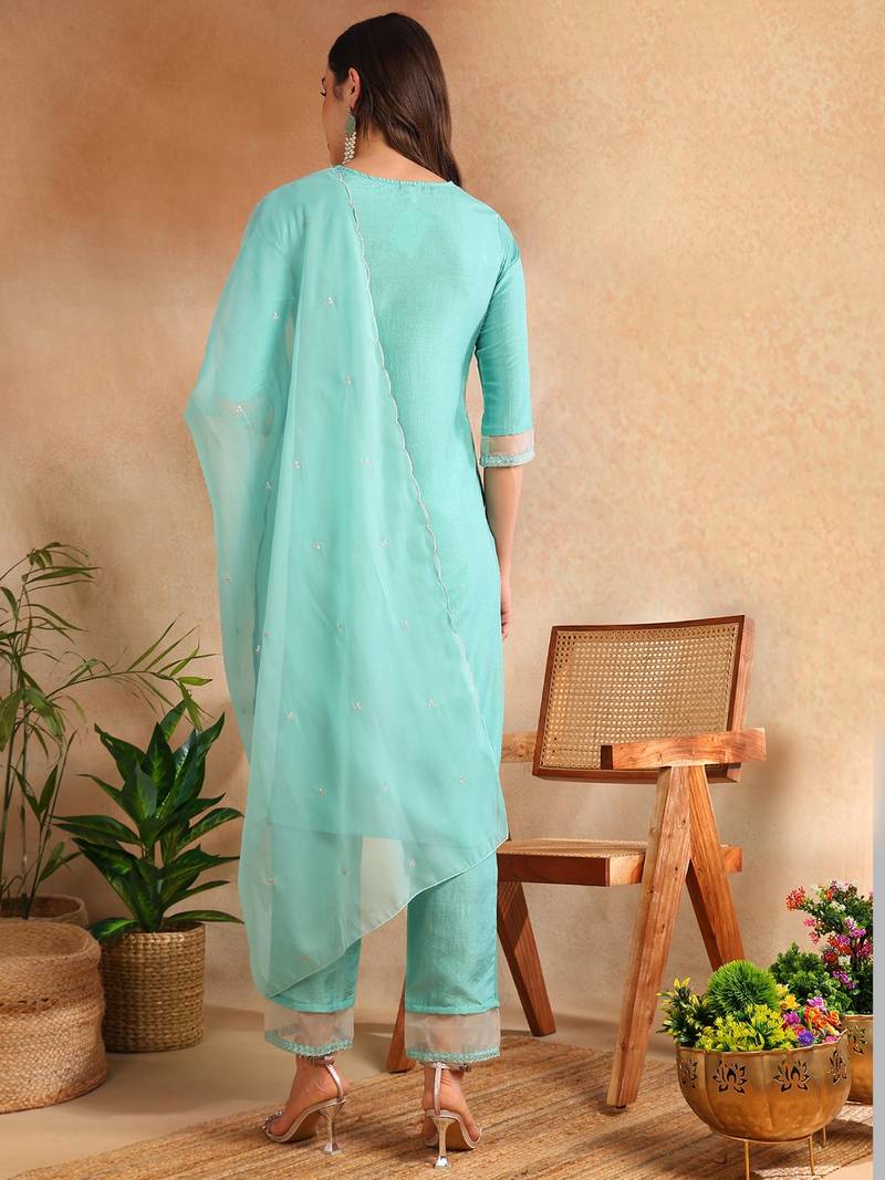 women sea green poly silk solid embroidered straight kurta trouser with dupatta