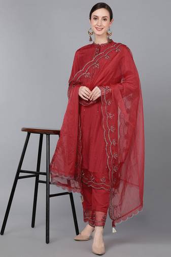 Women red embroidered poly silk stiched straight kurta trousers suit set