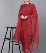 Women red embroidered poly silk stiched straight kurta trousers suit set
