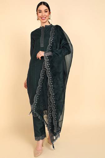 Women green embroidered poly silk stiched straight kurta trousers suit set