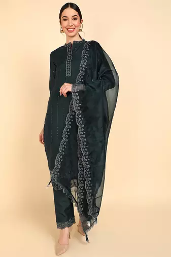 Women green embroidered poly silk stiched straight kurta trousers suit set