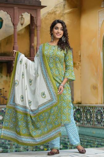 Women green printed pure cotton  stiched straight kurta trousers suit set