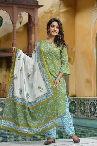 Women green printed pure cotton  stiched straight kurta trousers suit set