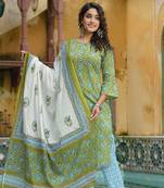 Women green printed pure cotton  stiched straight kurta trousers suit set