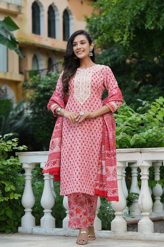 Women pink embroidered pure cotton  stiched straight kurta palazzo suit set