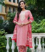 Women pink embroidered pure cotton  stiched straight kurta palazzo suit set