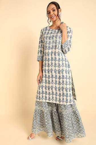 Women white printed pure cotton  stiched straight kurta sharara suit set