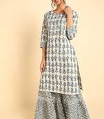 Women white printed pure cotton  stiched straight kurta sharara suit set