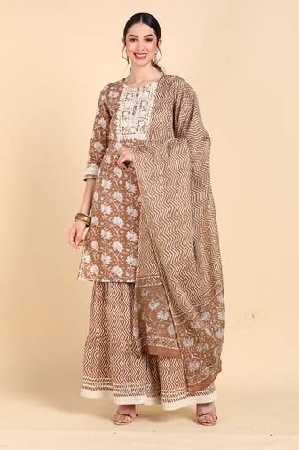 Women brown printed pure cotton  stiched straight kurta trousers suit set