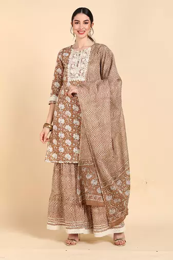 Women brown printed pure cotton  stiched straight kurta trousers suit set