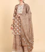 Women brown printed pure cotton  stiched straight kurta trousers suit set