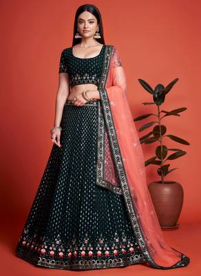 Delightful dark green sequins embroidered heavy georgette indian designer ethnic lehenga dress 1