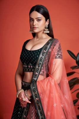 Delightful dark green sequins embroidered heavy georgette indian designer ethnic lehenga dress 2