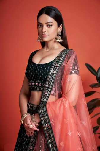 Delightful dark green sequins embroidered heavy georgette indian designer ethnic lehenga dress