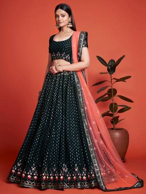 Delightful dark green sequins embroidered heavy georgette indian designer ethnic lehenga dress 3