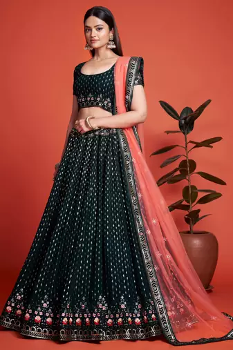 Delightful dark green sequins embroidered heavy georgette indian designer ethnic lehenga dress