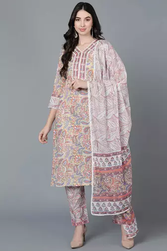 Women beige printed pure cotton  stiched straight kurta palazzo suit set