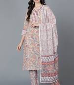Women beige printed pure cotton  stiched straight kurta palazzo suit set