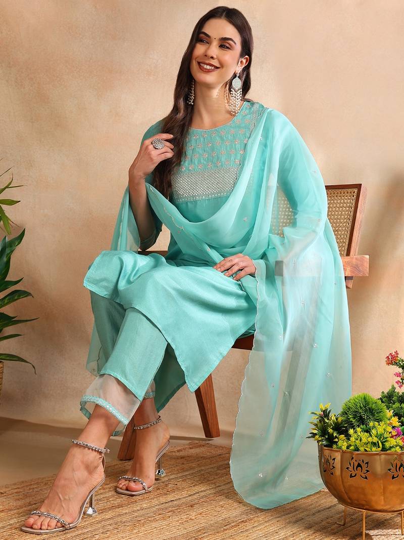 women sea green poly silk solid embroidered straight kurta trouser with dupatta