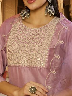 women lavender poly silk ethnic motifs embroidered straight kurta trouser with dupatta 3