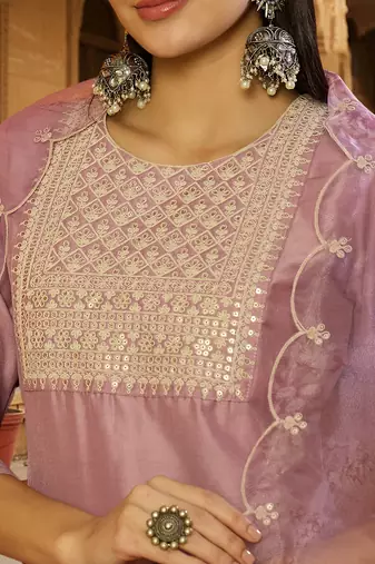 women lavender poly silk ethnic motifs embroidered straight kurta trouser with dupatta
