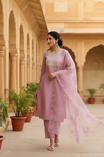 women lavender poly silk ethnic motifs embroidered straight kurta trouser with dupatta