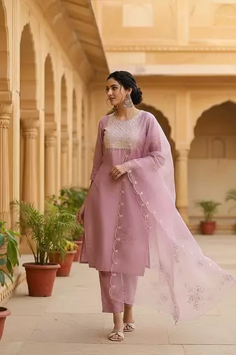 women lavender poly silk ethnic motifs embroidered straight kurta trouser with dupatta