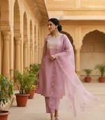 women lavender poly silk ethnic motifs embroidered straight kurta trouser with dupatta