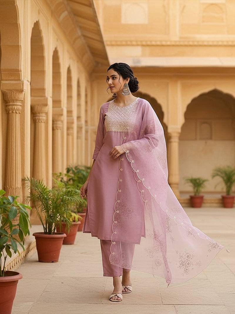 women lavender poly silk ethnic motifs embroidered straight kurta trouser with dupatta
