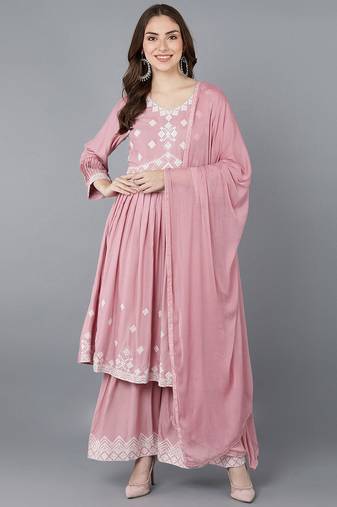 Women pink embroidered poly silk stiched anarkali kurta sharara suit set