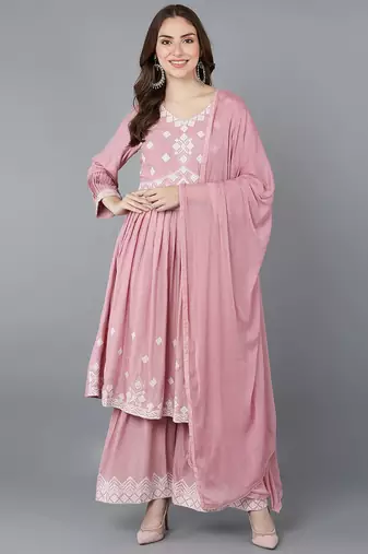 Women pink embroidered poly silk stiched anarkali kurta sharara suit set