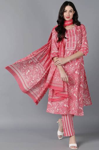 Women pink printed pure cotton  stiched flared kurta trousers suit set