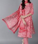Women pink printed pure cotton  stiched flared kurta trousers suit set