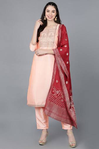 Women pink embroidered poly silk stiched a-line kurta trousers suit set