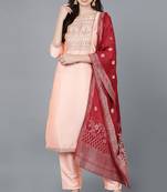 Women pink embroidered poly silk stiched a-line kurta trousers suit set