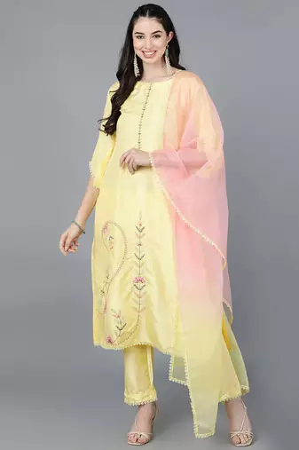 Women yellow embroidered poly silk stiched straight kurta trousers suit set