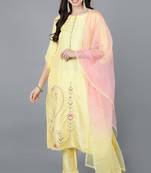 Women yellow embroidered poly silk stiched straight kurta trousers suit set
