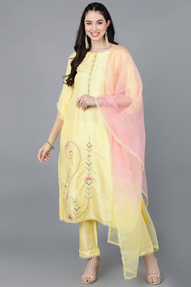 Women yellow embroidered poly silk stiched straight kurta trousers suit set