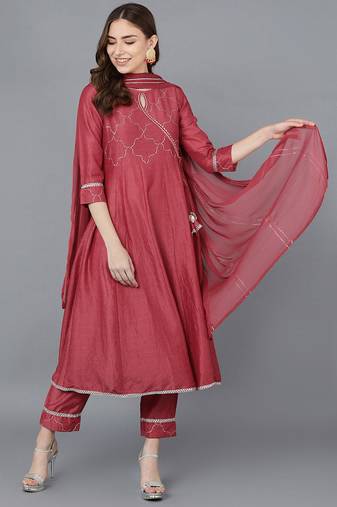 Women red embroidered poly silk stiched flared kurta trousers suit set