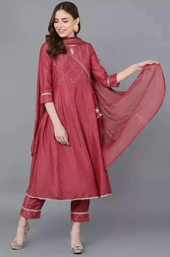 Women red embroidered poly silk stiched flared kurta trousers suit set