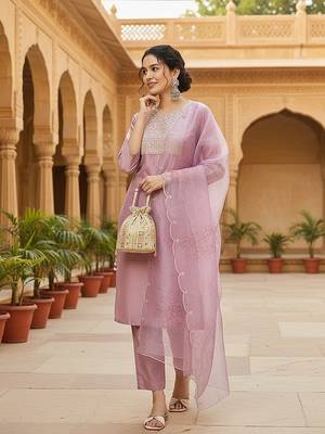 women lavender poly silk ethnic motifs embroidered straight kurta trouser with dupatta 7