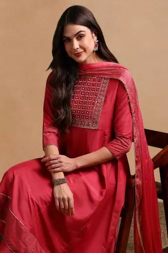 women rose poly silk solid embroidered anarkali kurta trouser with dupatta